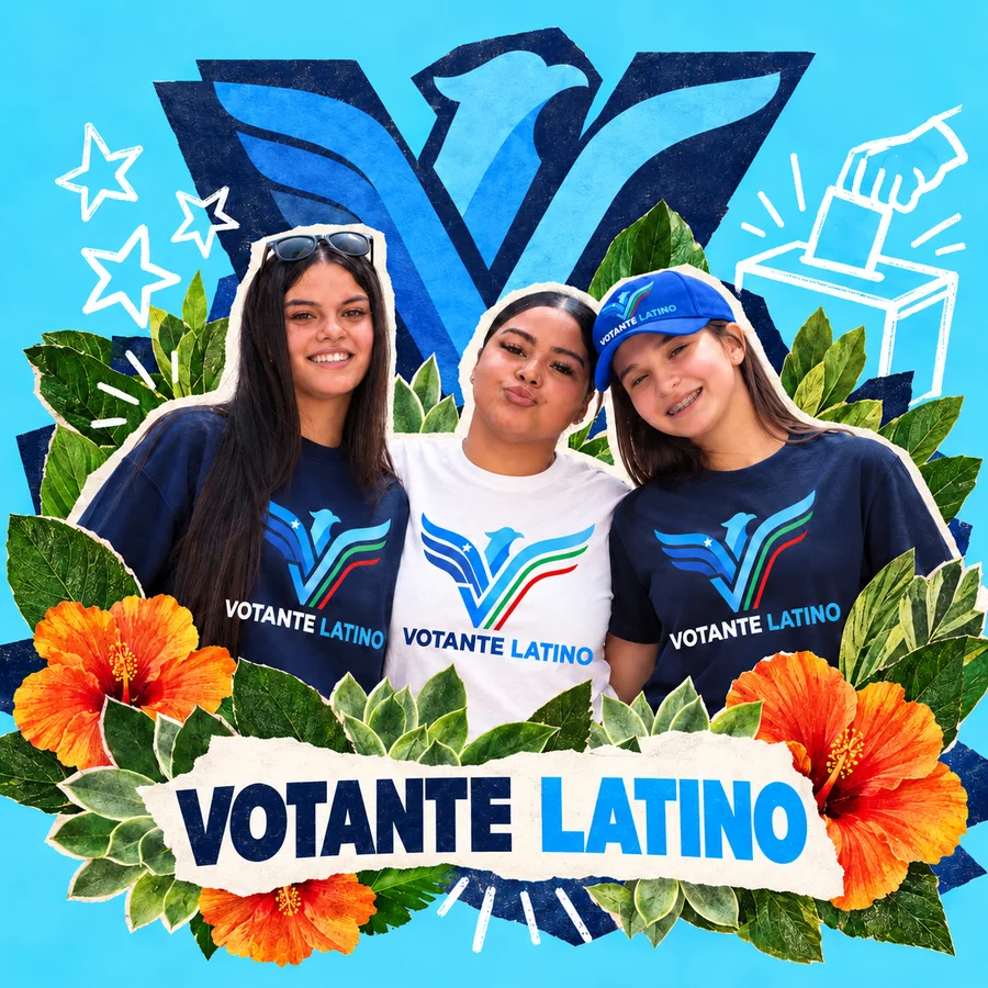 Tres jóvenes con playeras y gorra de Votante Latino