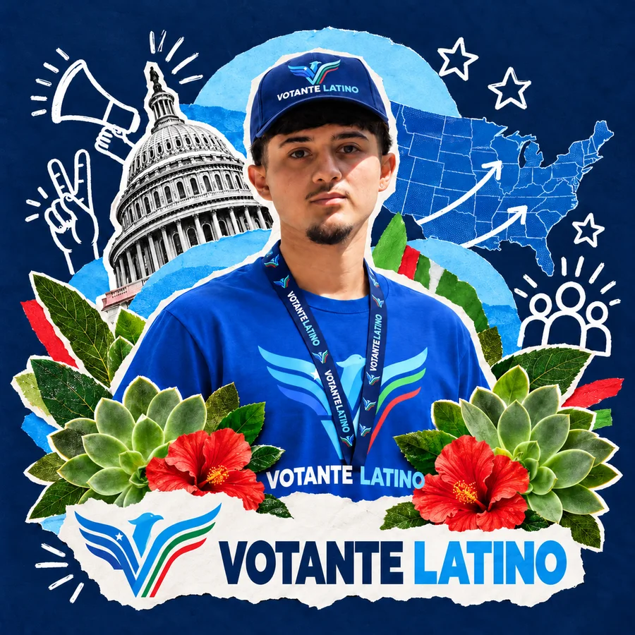 Joven con playera, gorra y lanyard de Votante Latino