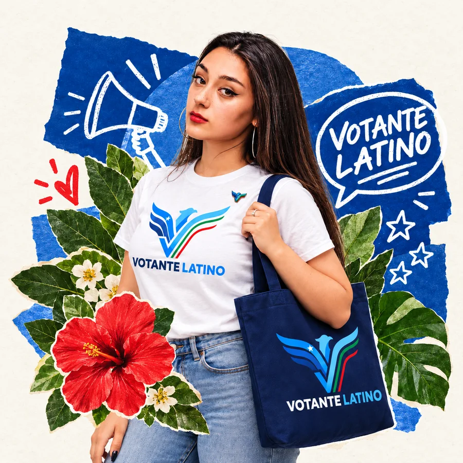 Joven con playera y bolsa de Votante Latino